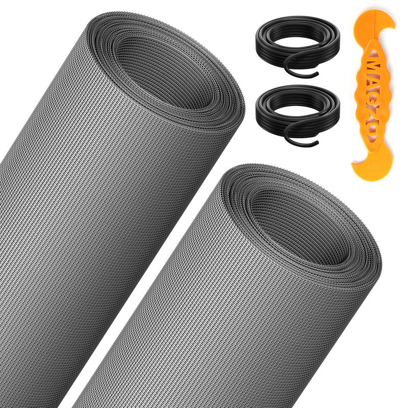 MAGZO 2PACK MAGZO Window&Door Screen Replacement Kit, 48''W x 99''L, with Retainer Spline (Total 65.6 FT) and Press-Fit Roller Tool, Scratch-Proof Polyester, Mesh Roll Repair for Patio, Pet Friendly, Grey - Image 1